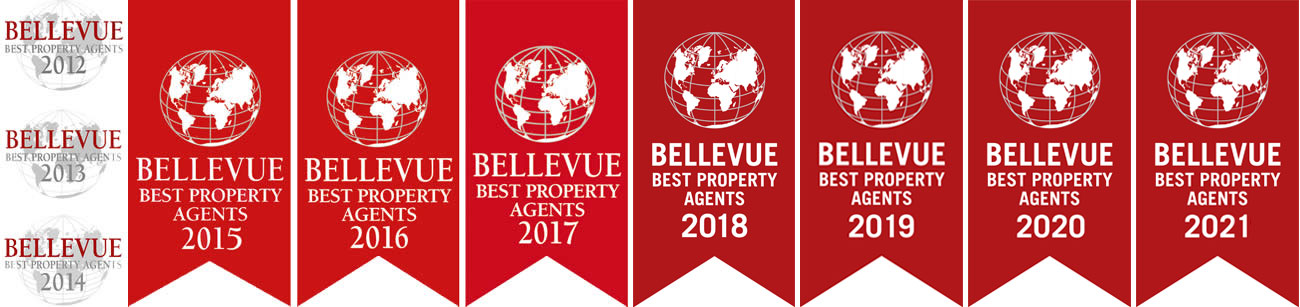 Wimpelartige Bellevue-Auszeichnungs-Logos von 2012 bis 2021
