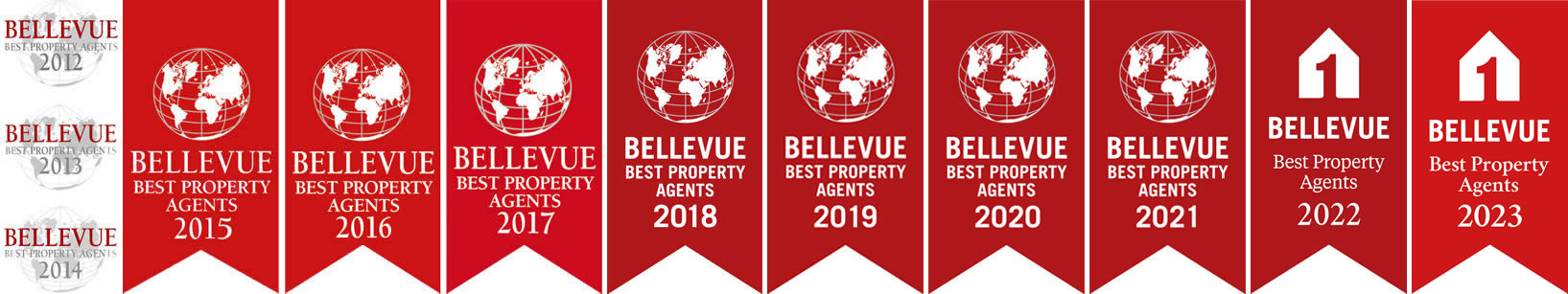 Wimpelartige Bellevue-Auszeichnungs-Logos von 2012 bis 2023